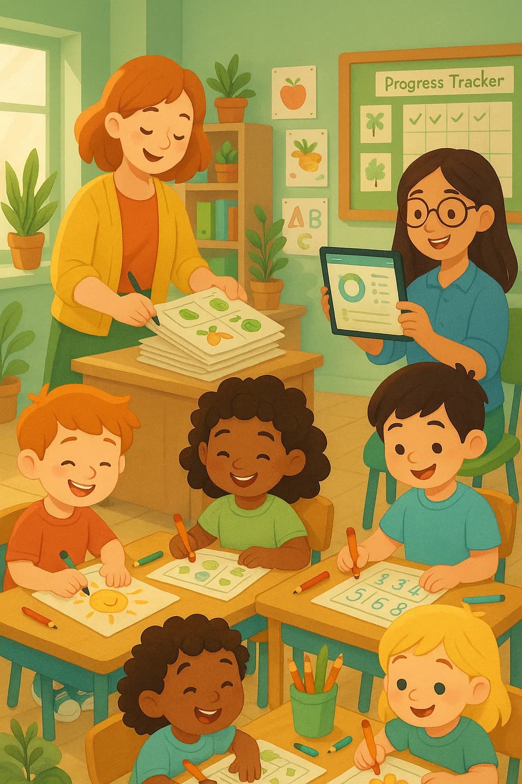Classroom with teachers and children – school themed image